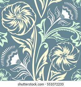 Ethnic Floral Seamless Pattern. Folkloric Batik Ornament in the Oriental Style. Elegant Luxury Texture for Textile, Wallpapers, Backgrounds and Wrapping.