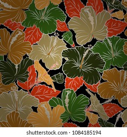 Ethnic floral seamless pattern in green and orange colors with decorative hibiscus flowers. Vector illustration.