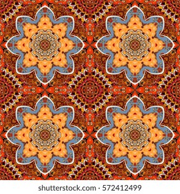 Ethnic floral seamless pattern. Moroccan, arabic, indian motives. Beautiful mandalas on bright ornamental background.