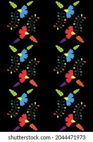 Ethnic floral seamless pattern on black background. Mexican traditional Otomi Tenango embroidery style. For card, cover, flyer, banner, textile.