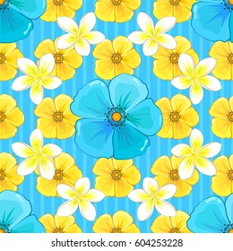 Ethnic floral seamless pattern on a blue background with decorative cosmos flowers. Vector illustration.