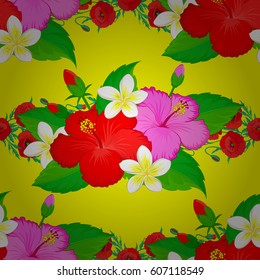 Ethnic floral seamless pattern on a yellow background with decorative hibiscus flowers. Vector illustration.