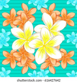 Ethnic floral seamless pattern on a blue background with decorative plumeria flowers. Vector illustration.
