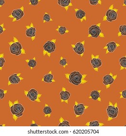 Ethnic floral seamless pattern on a orange background with decorative rose flowers and green leaves. Vector illustration.