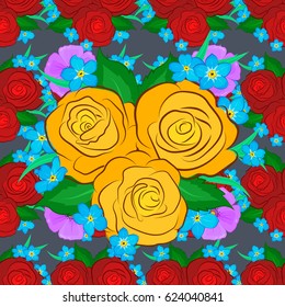 Ethnic floral seamless pattern on a gray background with decorative rose flowers and green leaves. Vector illustration.