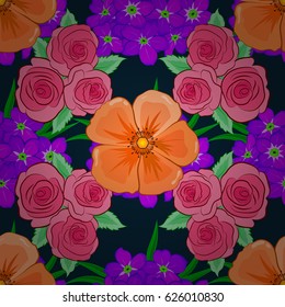Ethnic floral seamless pattern on a blue background with decorative rose flowers and green leaves. Vector illustration.