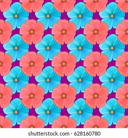 Ethnic floral seamless pattern on a purple background with decorative cosmos flowers. Vector illustration.