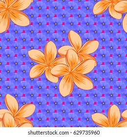 Ethnic floral seamless pattern on a magenta background with decorative plumeria flowers. Vector illustration.