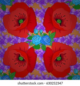 Ethnic floral seamless pattern on a brown background with decorative poppy flowers. Vector illustration.