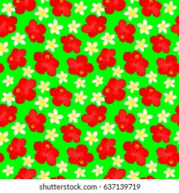 Ethnic floral seamless pattern on a green background with decorative hibiscus flowers. Vector illustration.