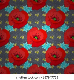 Ethnic floral seamless pattern on a gray background with decorative poppy flowers. Vector illustration.