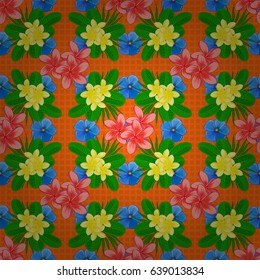 Ethnic floral seamless pattern on a orange background with decorative plumeria flowers. Vector illustration.