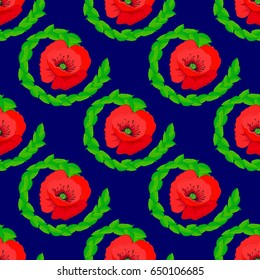 Ethnic floral seamless pattern on a blue background with decorative poppy flowers. Vector illustration.