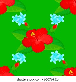 Ethnic floral seamless pattern on a green background with decorative hibiscus flowers. Vector illustration.