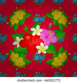 Ethnic floral seamless pattern on a red background with decorative hibiscus flowers. Vector illustration.
