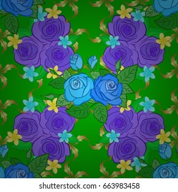 Ethnic floral seamless pattern on a green background with decorative rose flowers and green leaves. Vector illustration.