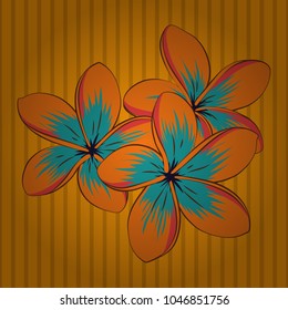 Ethnic floral seamless pattern in orange, blue and yellow colors with decorative plumeria flowers. Vector illustration.