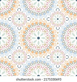 Ethnic floral seamless pattern in the oriental style. Abstract colorful circle tile flower pattern on white background.