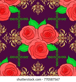 Ethnic floral seamless pattern in pink, orange and purple colors with decorative rose flowers and green leaves. Vector illustration.