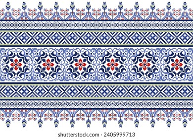 Ethnic Floral Seamless Pattern in Pixel Art Style.  Vector design for fabric, carpet, tile, embroidery, wrapping, wallpaper, and background