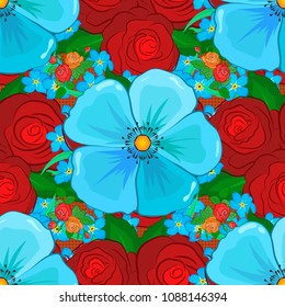 Ethnic floral seamless pattern in red, green and blue colors with decorative cosmos flowers. Vector illustration.
