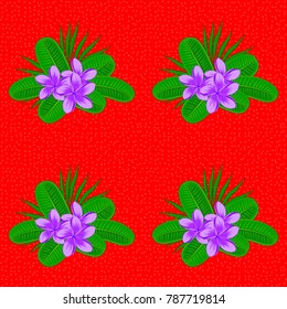 Ethnic floral seamless pattern in red and green colors with decorative plumeria flowers. Vector illustration.