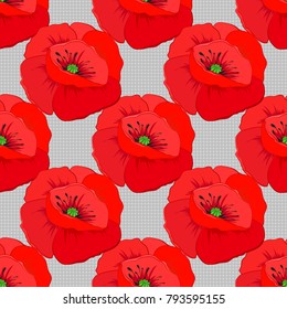 Ethnic floral seamless pattern in red and gray colors with decorative poppy flowers. Vector illustration.