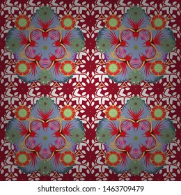 Ethnic floral seamless pattern in white, green and red colors. Vector illustration.