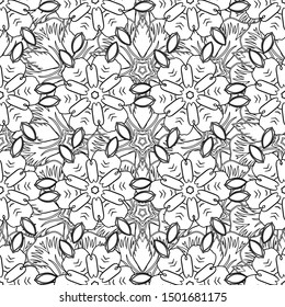 Ethnic floral seamless pattern in white and black colors. Vector illustration.