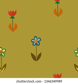 Ethnic floral seamless vector pattern with bright flowers on beige background. In Scandinavian style. For textiles, wallpapers, designer paper, etc
