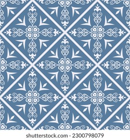 Ethnic floral square tile pattern. Vector ethnic geometric floral shape seamless pattern blue Moroccan style. Mediterranean pattern use for fabric, home decoration elements, upholstery, wrapping.