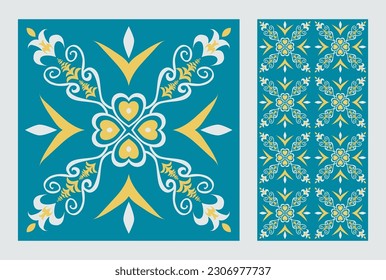 Ethnische, florale quadratische Fliesen Muster. Vektor zwei Ornamente Set von ethnischen geometrischen Blumenform nahtlose Muster bunten marokkanischen Stil. Mittelmeermuster Verwendung für Textilien, Hausdekorationselemente.