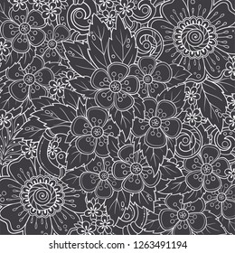 Ethnic floral zentangle, doodle background pattern in vector. Henna paisley mehndi tribal design element. Black and white pattern for coloring book for adults and kids