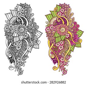 Ethnic floral zentangle, doodle background pattern circle in vector. Henna paisley mehndi doodles design tribal design element. Black and white pattern for coloring book for adults and kids.