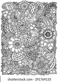 Ethnic floral zentangle, doodle background pattern in vector. Henna paisley mehndi doodles design tribal design element. Black and white pattern for coloring book for adults and kids.