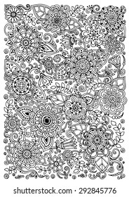 Ethnic floral zentangle, doodle background pattern in vector. Henna paisley mehndi doodles design tribal design element. Black and white pattern for coloring book for adults and kids.