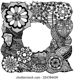 Ethnic floral zentangle, doodle background pattern in vector. Henna paisley mehndi doodles design tribal design element. Black and white pattern for coloring book for adults and kids.