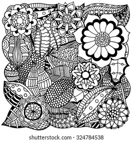 Ethnic floral zentangle, doodle background pattern circle in vector. Henna paisley mehndi doodles design tribal design element. Black and white pattern for coloring book for adults and kids.