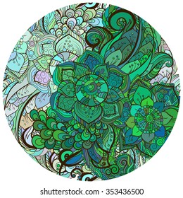 Ethnic floral zentangle, doodle background pattern circle in vector. Henna paisley mehendi doodles design tribal design element.