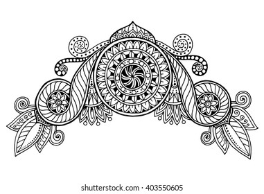 Ethnic floral zentangle, doodle background pattern circle in vector. Henna paisley mehndi doodles design tribal design element. Black and white pattern for coloring book for adults and kids.