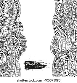 Ethnic floral zentangle, doodle background pattern in vector. Henna paisley mehndi doodles design tribal design element. Black and white pattern for coloring book for adults and kids.