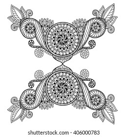 Ethnic floral zentangle, doodle background pattern in vector. Henna paisley mehndi doodles design tribal design element. Black and white pattern for coloring book for adults and kids.