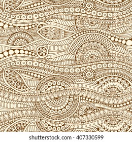 Ethnic floral zentangle, doodle background pattern in vector. Henna paisley mehndi doodles design tribal design element. Grunge brown mosaic pattern with mandalas