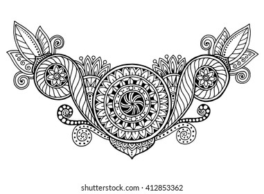 Ethnic floral zentangle, doodle background pattern circle in vector. Henna paisley mehndi doodles design tribal design element. Black and white pattern for coloring book for adults and kids.