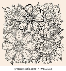 Ethnic floral zentangle, doodle background pattern circle in vector. Henna paisley mehndi doodles design tribal design element. Black and beige pattern for coloring book for adults and kids.