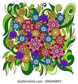 Ethnic floral zentangle, doodle pattern. Beautiful doodle art flowers. Hand drawn herbal design elements. Multicolored pattern.