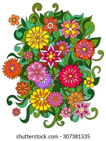 Ethnic floral zentangle, doodle pattern. Beautiful doodle art flowers. Hand drawn herbal design elements. Multicolored pattern.