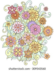 Ethnic floral zentangle, doodle pattern. Beautiful doodle art flowers. Hand drawn herbal design elements. Multicolored pattern.