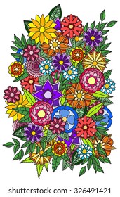 Ethnic floral zentangle, doodle pattern. Beautiful doodle art flowers. Hand drawn herbal design elements. Multicolored pattern.