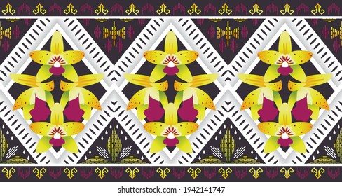 Ethnic flower pattern art. A seamless yellow orchid pattern in tribal, folk embroidery. Aztec geometric art ornament print.Design for carpet,  clothing, wrapping, fabric, cover, decorative, background